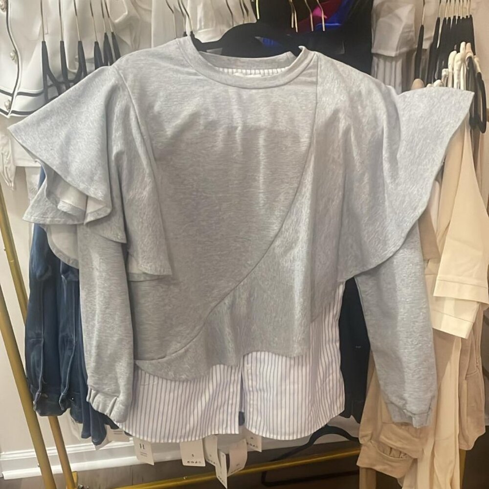 Chic Gray Ruffle Sweatshirt with Striped Hem - Picture 3 of 7